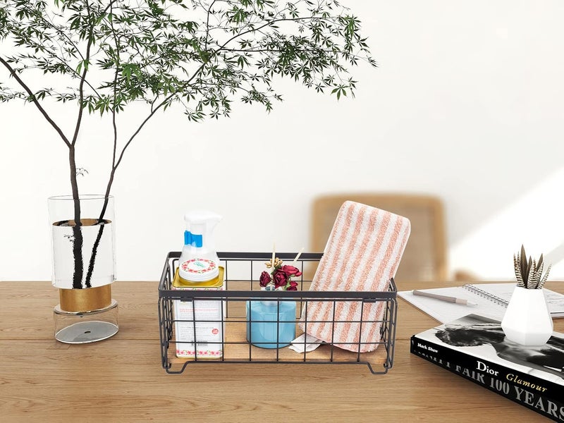 TIEYIPIN Metal Wire Storage Basket, Toilet Paper Roll Holder Wood Base Countertop Decor Box Toilet Tank Shelf Cabinet Organizer for Bathroom Pantry Garage Bedroom Livingroom (Black (2 Pack)) - Image 3